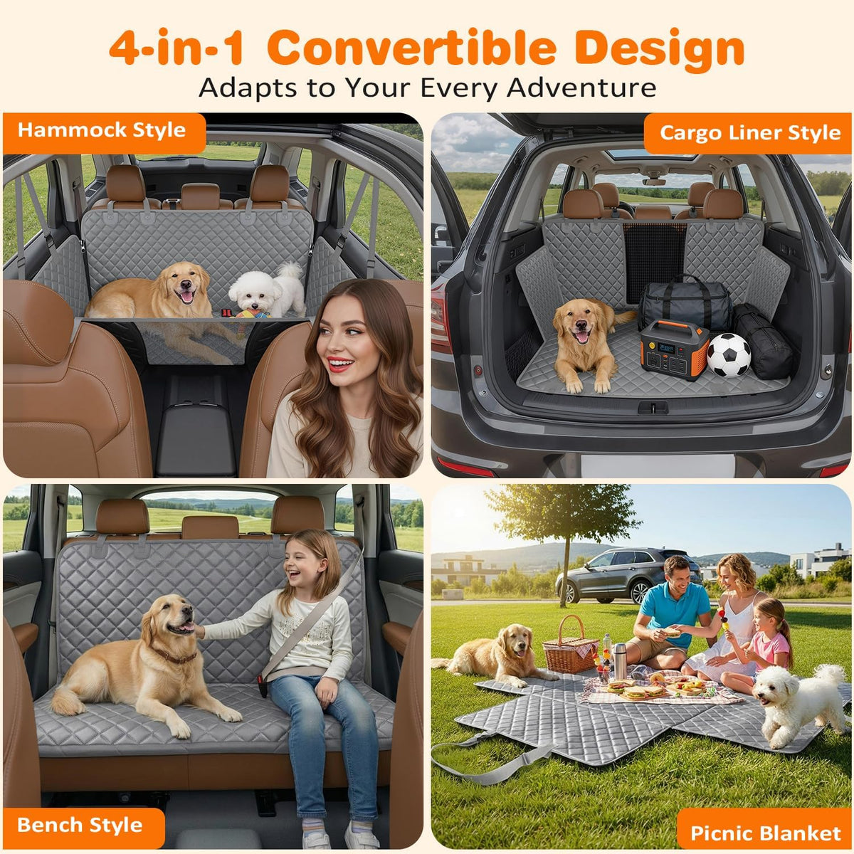 4 in 1 Dog Car Seat Cover for Back Seat, Waterproof Hammock